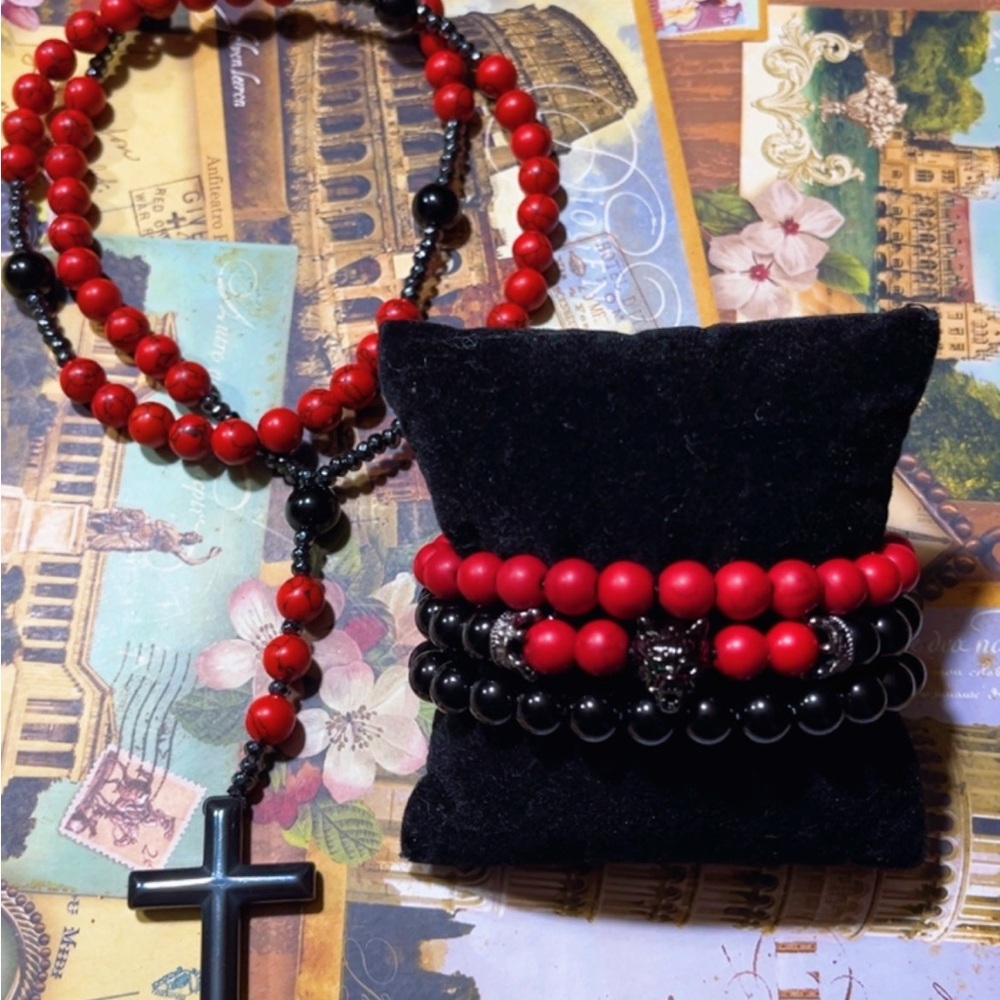 Red and Black Beaded Rosary and Bracelet Set